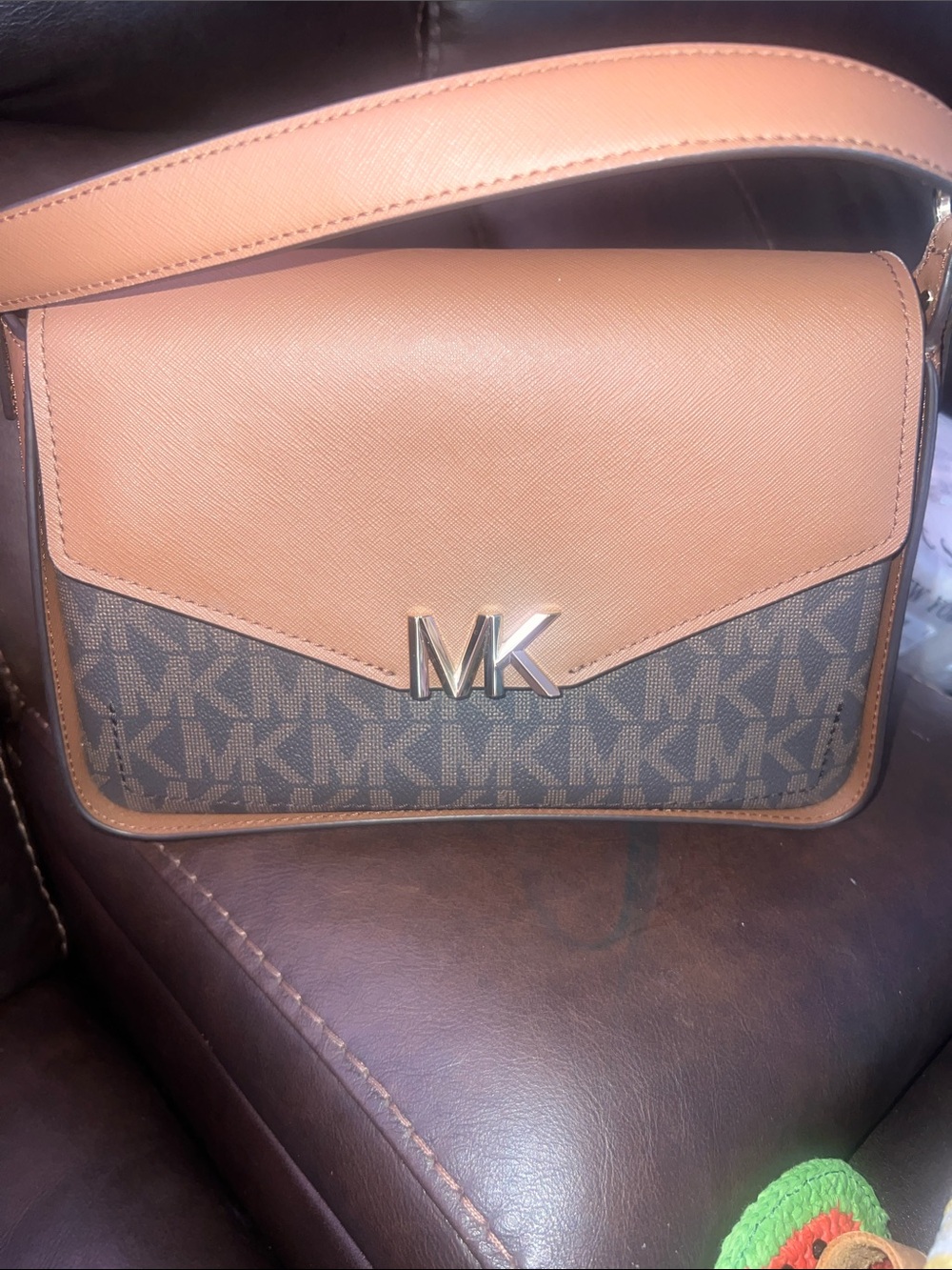 Michael Kors Tan and Brown MK Logo Crossbody Shoulder Bag